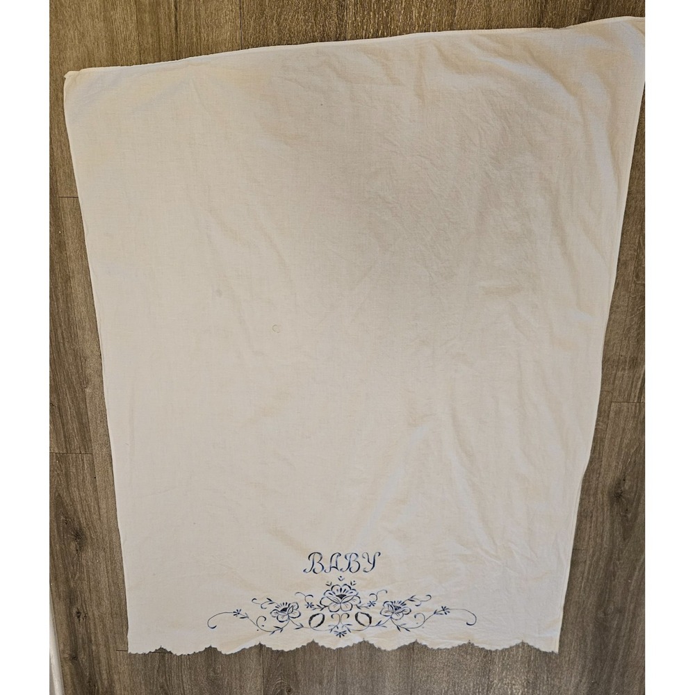 Embroidered Ombre Blue & White VTG Keepsake Baby Blanket 43x34" floral scalloped